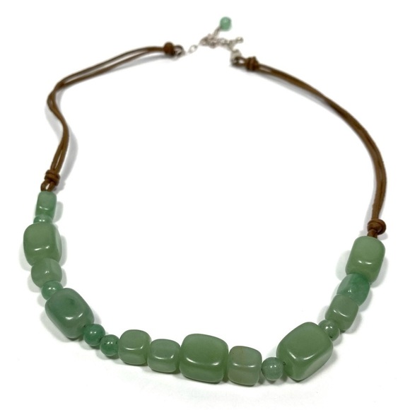 Necklace Jadeite Green Stones Brown Leather 925 Findings 17.5”+4” - Picture 1 of 15